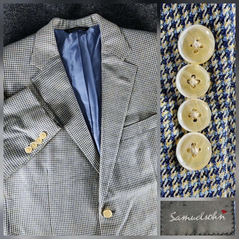 Samuelsohn‎ Mens 40R Silk Wool Houndstooth Sport Coat Blazer Blue & Tan EUC